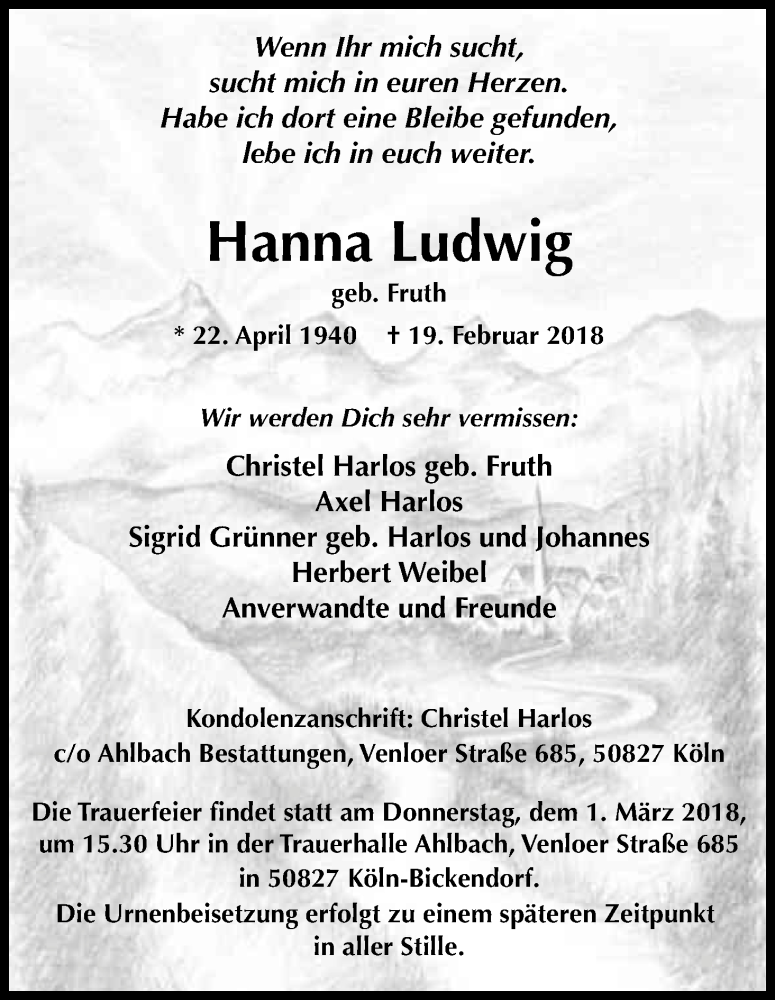  Traueranzeige für Johanna Ludwig vom 24.02.2018 aus Kölner Stadt-Anzeiger / Kölnische Rundschau / Express