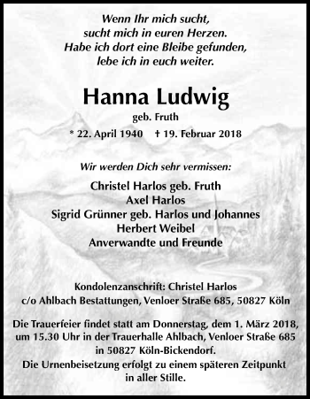 Anzeige von Johanna Ludwig von Kölner Stadt-Anzeiger / Kölnische Rundschau / Express