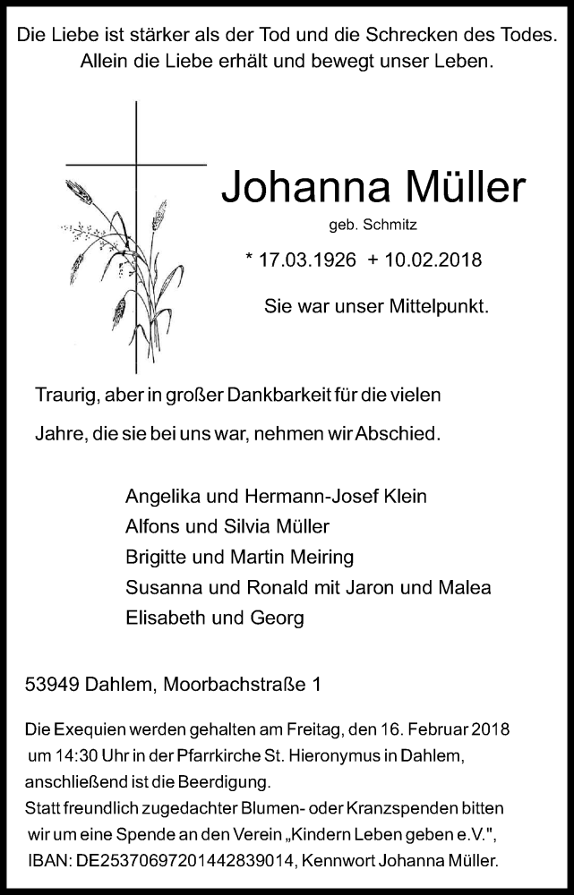  Traueranzeige für Johanna Müller vom 14.02.2018 aus Kölner Stadt-Anzeiger / Kölnische Rundschau / Express