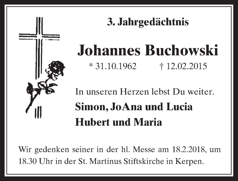  Traueranzeige für Johannes Buchowski vom 14.02.2018 aus  Werbepost 