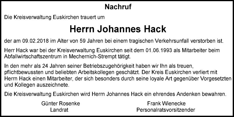 Traueranzeige für Johannes Hack vom 24.02.2018 aus  Blickpunkt Euskirchen 