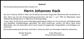 Anzeige von Johannes Hack von Kölner Stadt-Anzeiger / Kölnische Rundschau / Express