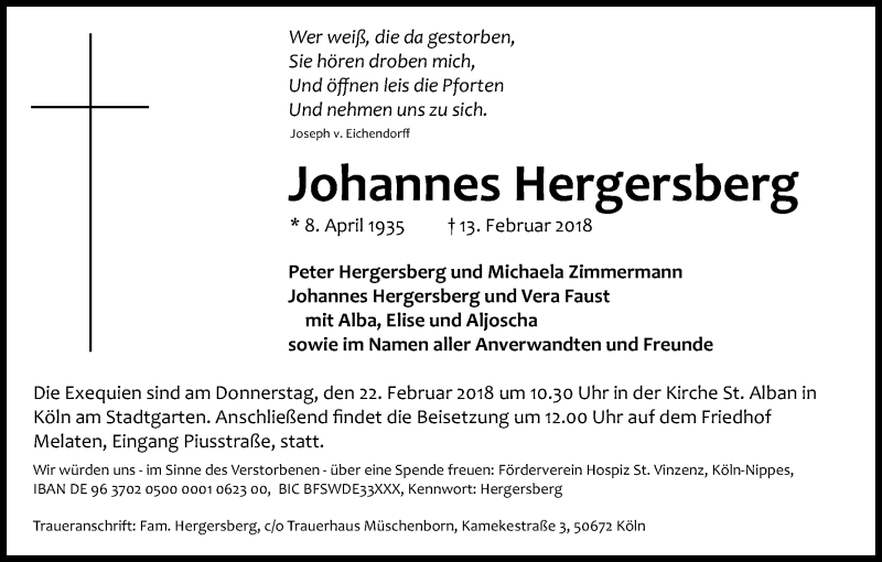  Traueranzeige für Johannes Hergersberg vom 17.02.2018 aus Kölner Stadt-Anzeiger / Kölnische Rundschau / Express