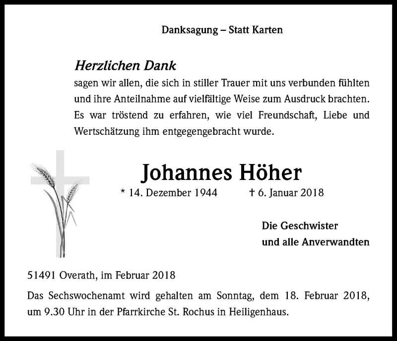  Traueranzeige für Johannes Höher vom 03.02.2018 aus Kölner Stadt-Anzeiger / Kölnische Rundschau / Express