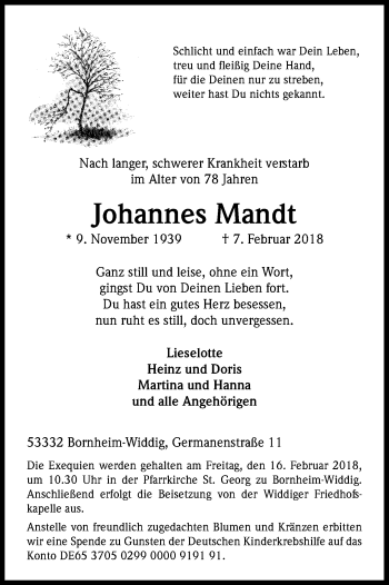 Anzeige von Johannes Mandt von Kölner Stadt-Anzeiger / Kölnische Rundschau / Express