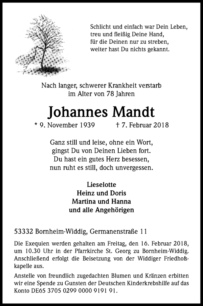  Traueranzeige für Johannes Mandt vom 13.02.2018 aus Kölner Stadt-Anzeiger / Kölnische Rundschau / Express
