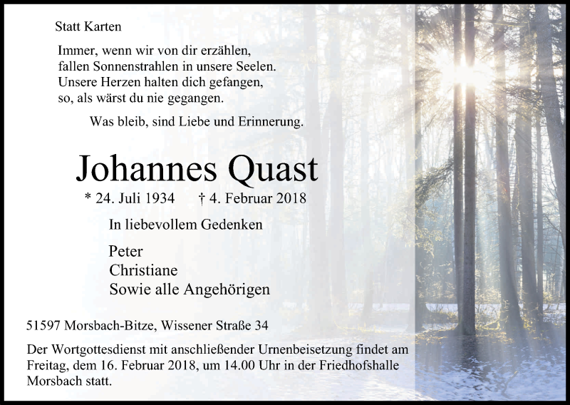  Traueranzeige für Johannes Quast vom 07.02.2018 aus Kölner Stadt-Anzeiger / Kölnische Rundschau / Express