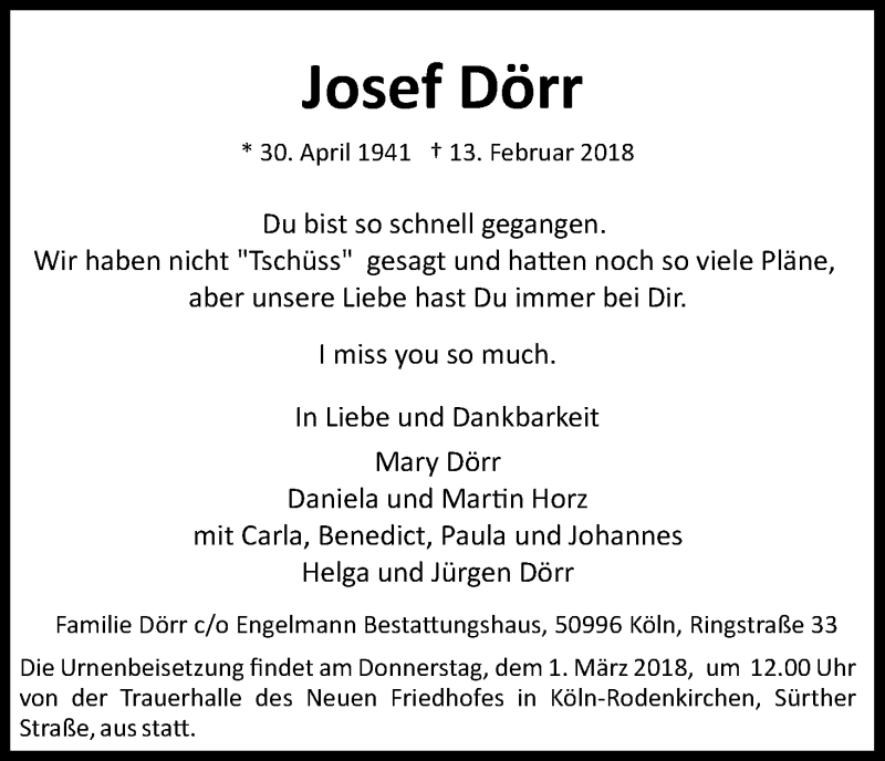  Traueranzeige für Josef Dörr vom 24.02.2018 aus Kölner Stadt-Anzeiger / Kölnische Rundschau / Express