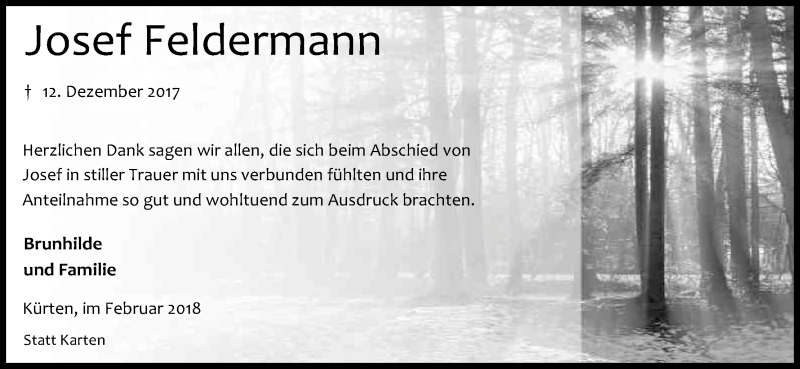  Traueranzeige für Josef Feldermann vom 21.02.2018 aus Kölner Stadt-Anzeiger / Kölnische Rundschau / Express