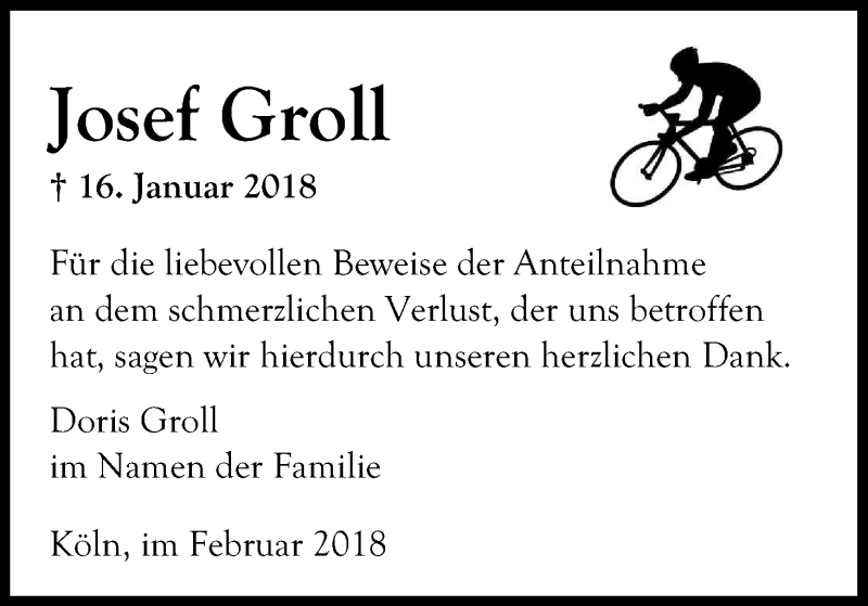  Traueranzeige für Josef Groll vom 10.02.2018 aus Kölner Stadt-Anzeiger / Kölnische Rundschau / Express