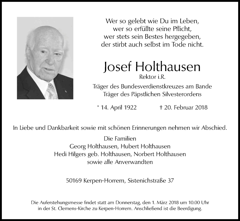  Traueranzeige für Josef Holthausen vom 24.02.2018 aus Kölner Stadt-Anzeiger / Kölnische Rundschau / Express