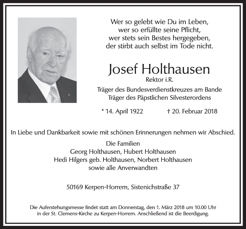  Traueranzeige für Josef Holthausen vom 24.02.2018 aus  Sonntags-Post 
