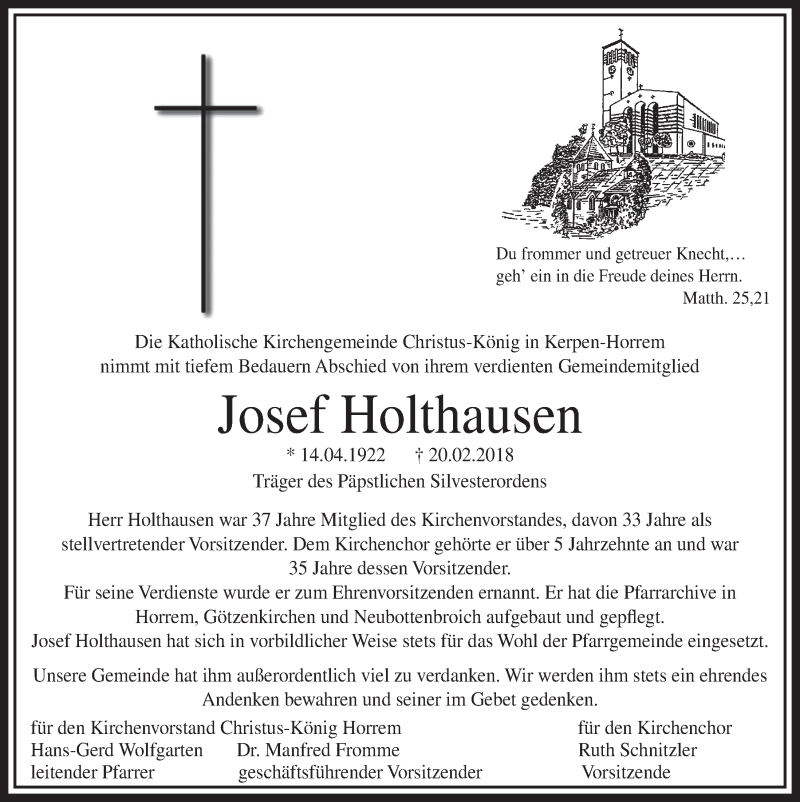  Traueranzeige für Josef Holthausen vom 24.02.2018 aus  Sonntags-Post 