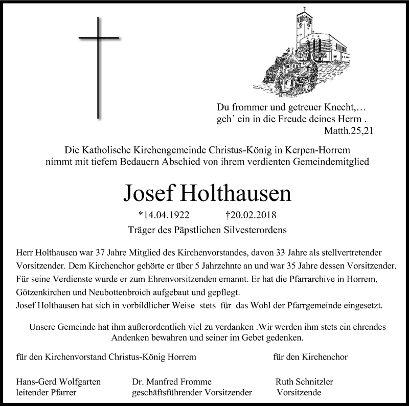  Traueranzeige für Josef Holthausen vom 24.02.2018 aus Kölner Stadt-Anzeiger / Kölnische Rundschau / Express