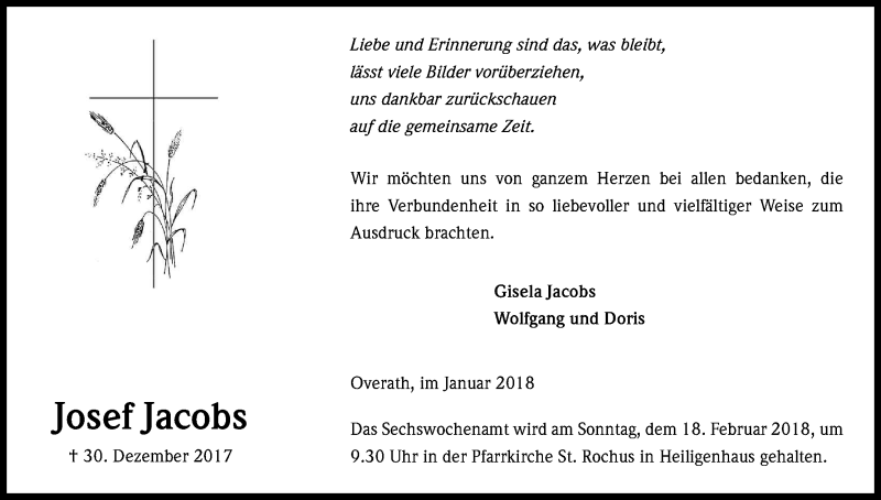  Traueranzeige für Josef Jacobs vom 03.02.2018 aus Kölner Stadt-Anzeiger / Kölnische Rundschau / Express