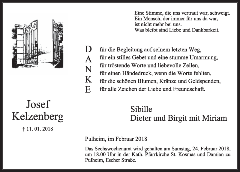  Traueranzeige für Josef Kelzenberg vom 17.02.2018 aus  Sonntags-Post 