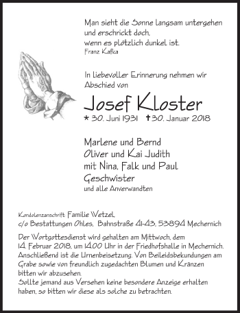 Anzeige von Josef Kloster von  Blickpunkt Euskirchen 