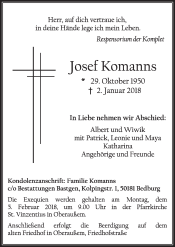 Anzeige von Josef Komanns von  Sonntags-Post 