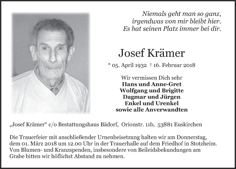  Traueranzeige für Josef Krämer vom 24.02.2018 aus  Blickpunkt Euskirchen 