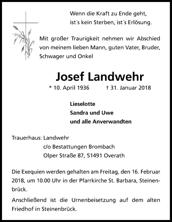 Anzeige von Josef Landwehr von Kölner Stadt-Anzeiger / Kölnische Rundschau / Express