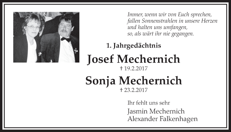  Traueranzeige für Josef Mechernich vom 21.02.2018 aus  Schlossbote/Werbekurier 