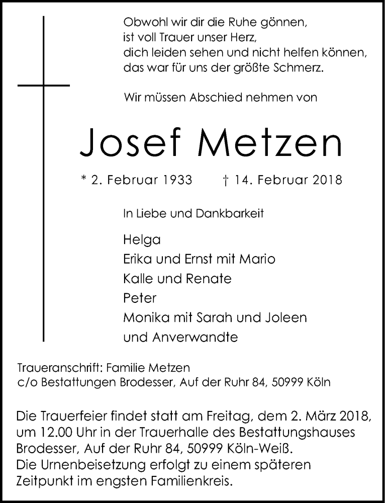  Traueranzeige für Josef Metzen vom 21.02.2018 aus  Kölner Wochenspiegel 