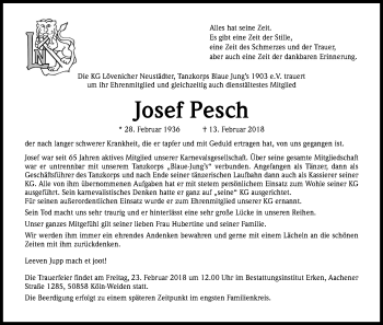 Anzeige von Josef Pesch von Kölner Stadt-Anzeiger / Kölnische Rundschau / Express