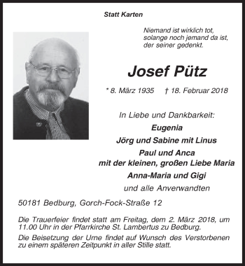 Anzeige von Josef Pütz von  Werbepost 