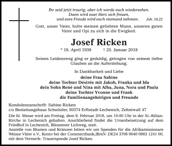 Anzeige von Josef Ricken von Kölner Stadt-Anzeiger / Kölnische Rundschau / Express