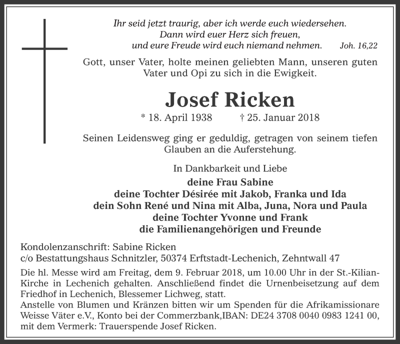  Traueranzeige für Josef Ricken vom 31.01.2018 aus  Werbepost 