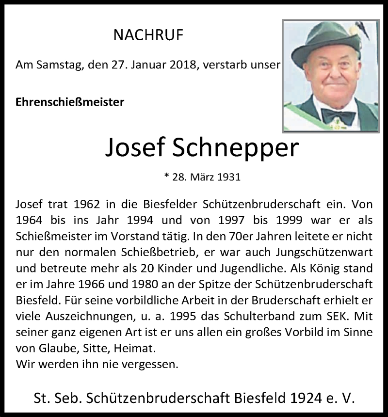  Traueranzeige für Josef Schnepper vom 03.02.2018 aus Kölner Stadt-Anzeiger / Kölnische Rundschau / Express
