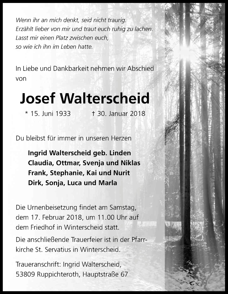  Traueranzeige für Josef Walterscheid vom 10.02.2018 aus Kölner Stadt-Anzeiger / Kölnische Rundschau / Express