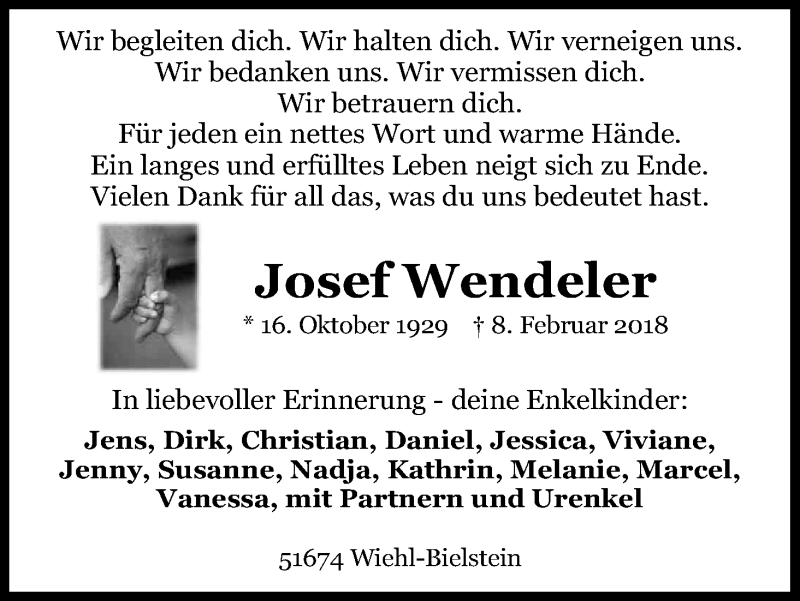 Traueranzeige für Josef  Wendeler vom 15.02.2018 aus Kölner Stadt-Anzeiger / Kölnische Rundschau / Express