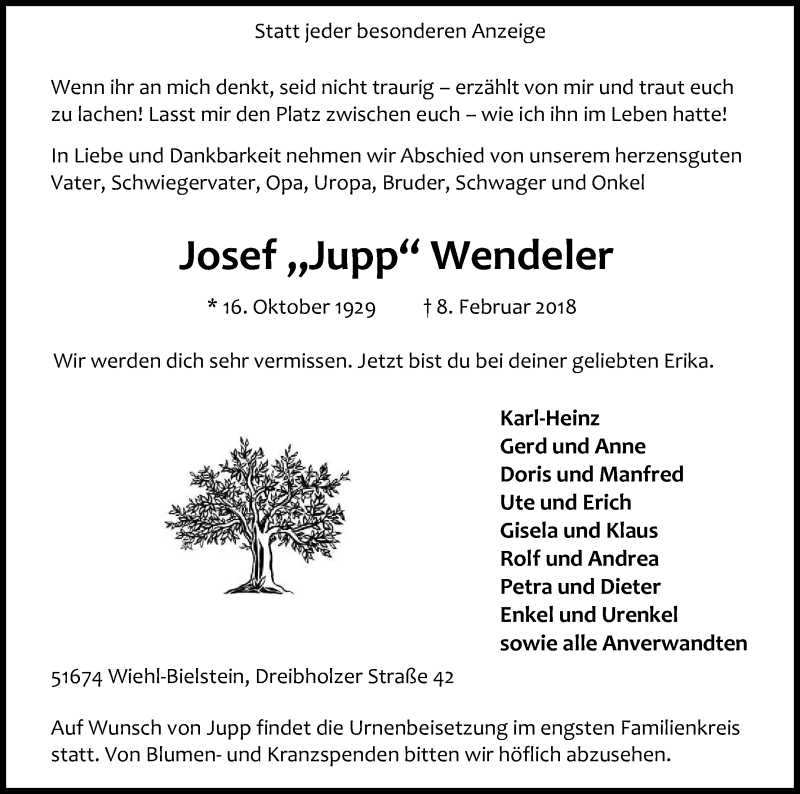  Traueranzeige für Josef  Wendeler vom 10.02.2018 aus Kölner Stadt-Anzeiger / Kölnische Rundschau / Express