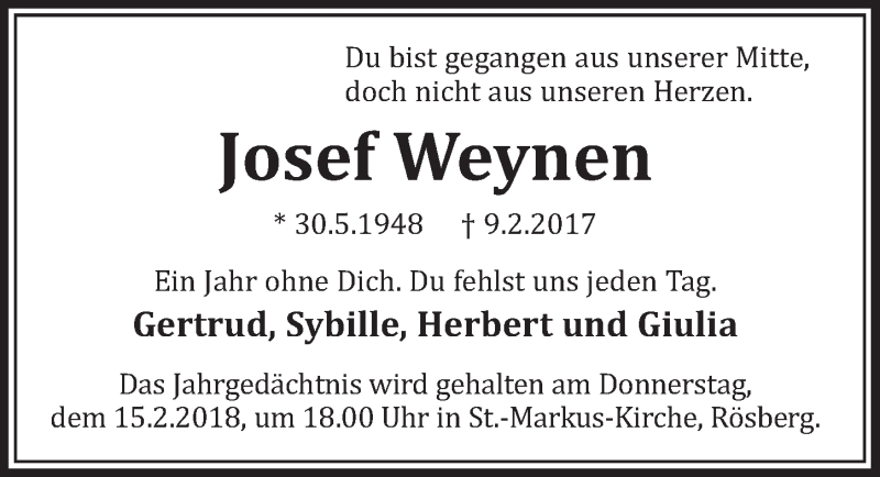  Traueranzeige für Josef Weynen vom 07.02.2018 aus  Schlossbote/Werbekurier 