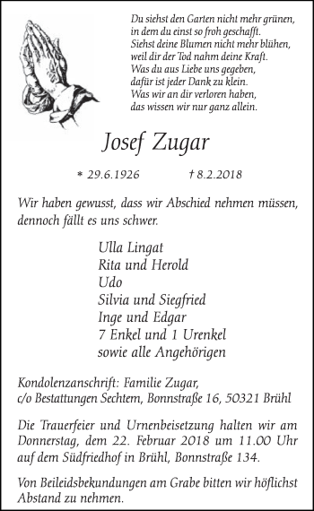 Anzeige von Josef Zugar von  Schlossbote/Werbekurier 