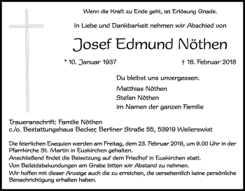 Anzeige von Josef Edmund Nöthen von Kölner Stadt-Anzeiger / Kölnische Rundschau / Express
