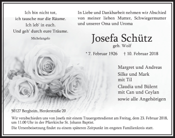 Anzeige von Josefa Schütz von  Sonntags-Post 