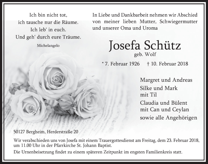  Traueranzeige für Josefa Schütz vom 17.02.2018 aus  Sonntags-Post 