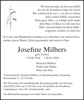 Anzeige von Josefine Milbers von  Kölner Wochenspiegel 