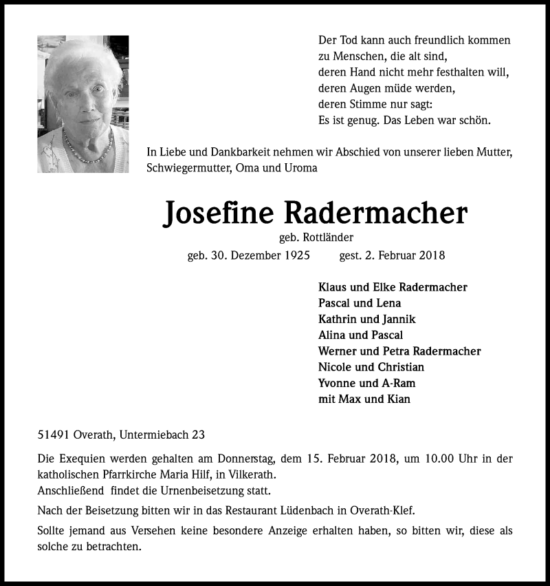  Traueranzeige für Josefine Radermacher vom 10.02.2018 aus Kölner Stadt-Anzeiger / Kölnische Rundschau / Express