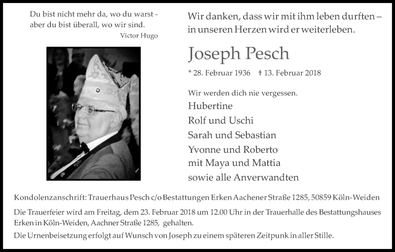  Traueranzeige für Joseph Pesch vom 17.02.2018 aus Kölner Stadt-Anzeiger / Kölnische Rundschau / Express