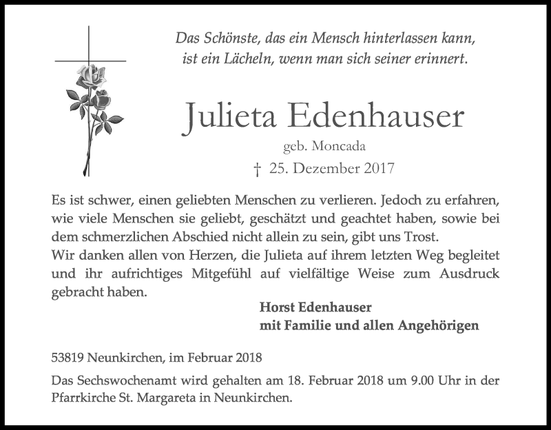  Traueranzeige für Julieta Edenhauser vom 07.02.2018 aus Kölner Stadt-Anzeiger / Kölnische Rundschau / Express