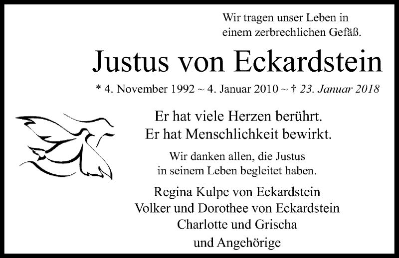  Traueranzeige für Justus von Eckardstein vom 03.02.2018 aus Kölner Stadt-Anzeiger / Kölnische Rundschau / Express