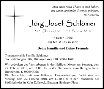 Anzeige von Jörg Josef Schlömer von Kölner Stadt-Anzeiger / Kölnische Rundschau / Express