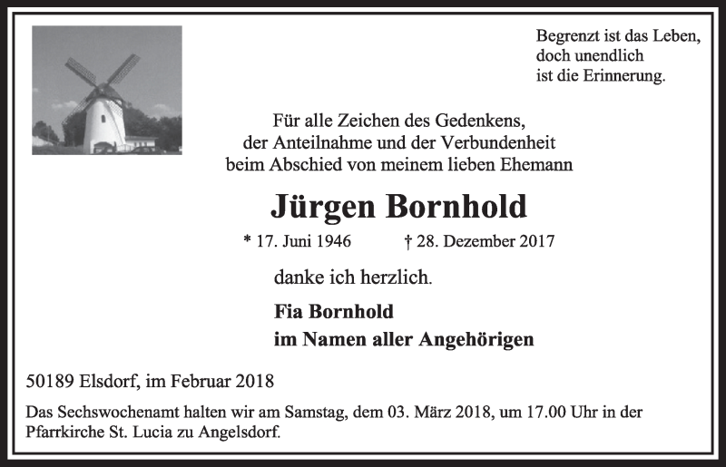  Traueranzeige für Jürgen Bornhold vom 24.02.2018 aus  Sonntags-Post 