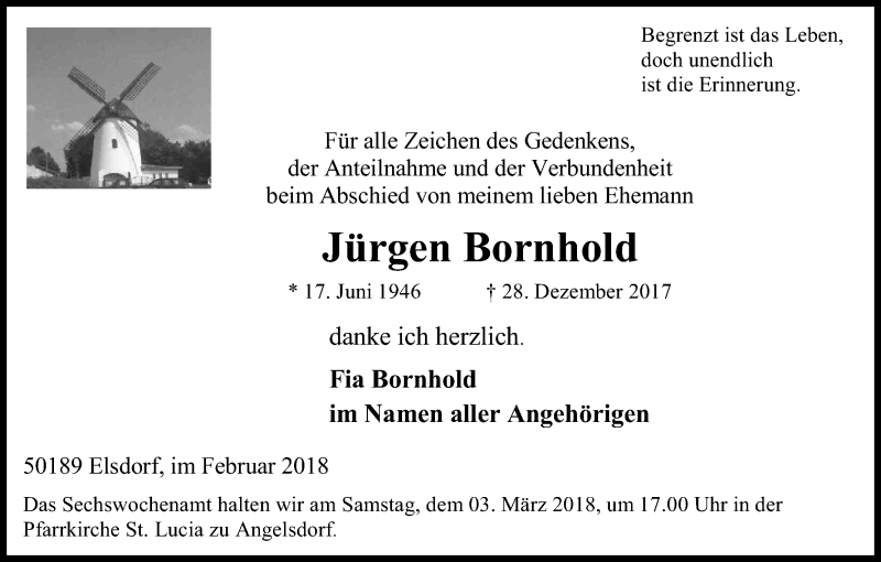  Traueranzeige für Jürgen Bornhold vom 24.02.2018 aus Kölner Stadt-Anzeiger / Kölnische Rundschau / Express
