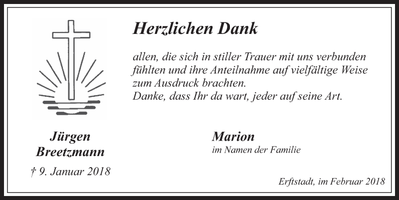  Traueranzeige für Jürgen Breetzmann vom 28.02.2018 aus  Werbepost 
