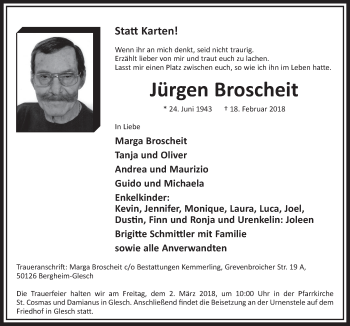 Anzeige von Jürgen Broscheit von  Sonntags-Post 