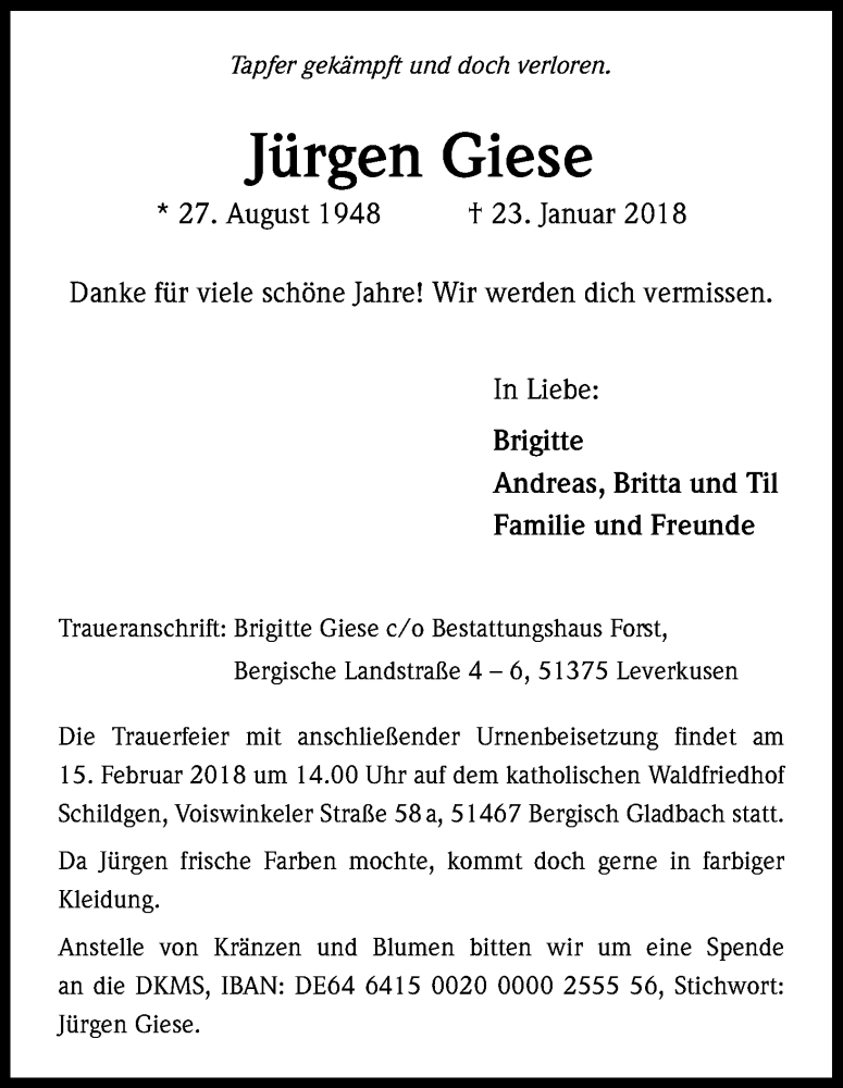  Traueranzeige für Jürgen Giese vom 07.02.2018 aus Kölner Stadt-Anzeiger / Kölnische Rundschau / Express